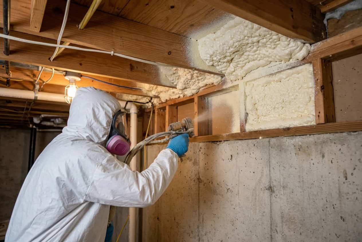 Spray foam insulation being applied to basement walls in Calgary